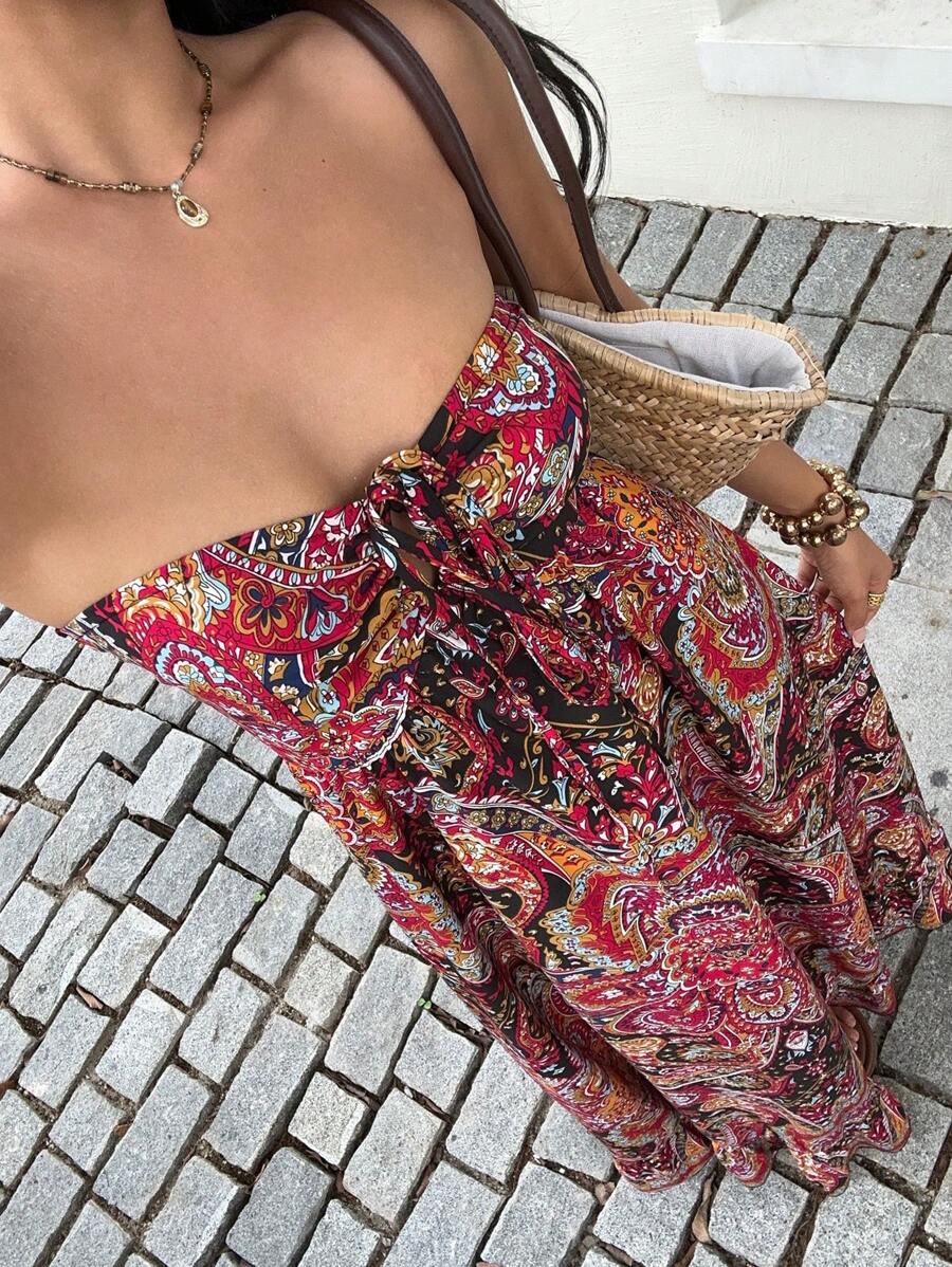 Sunnyshic Elegant Vacation All-Over Print Halter Dress With Ruffled Hem - Multicolor - View 1