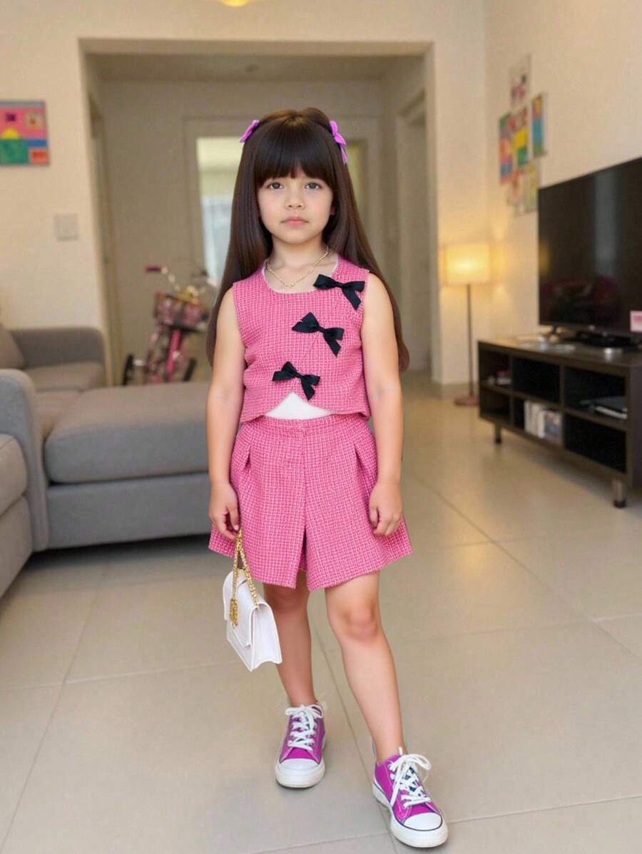Young Girl Sleeveless Solid Color Top And Shorts 2 Pieces Set - Pink - View 1