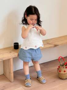 Dazy Kids 女童卡通刺绣圆领衬衫和荷叶边短裤两件套休闲套装 - 杏色 - 查看 1