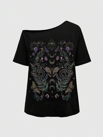 Goth Camiseta holgada de talla grande para mujeres con un hombro, con estampado vintage gótico bohemio de patrón de piel de serpiente y plantas