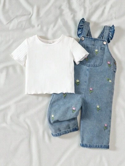 SHEIN Vintaside Kids 2 Pieces Baby Girl Set Casual Cute Versatile Solid Color Short-Sleeved Top And Floral Embroidered Denim Overalls Set, Suitable For Spring And Summer Daily Wear Fall Winter