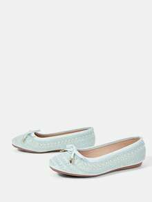 CUCCOO HITCHD Cute White Bow Pearls Round Toe Flats, Comfortable Casual Slip-On Shoes For Women, Suitable For Commute, Dates And Shopping - Baby Blue - View 9