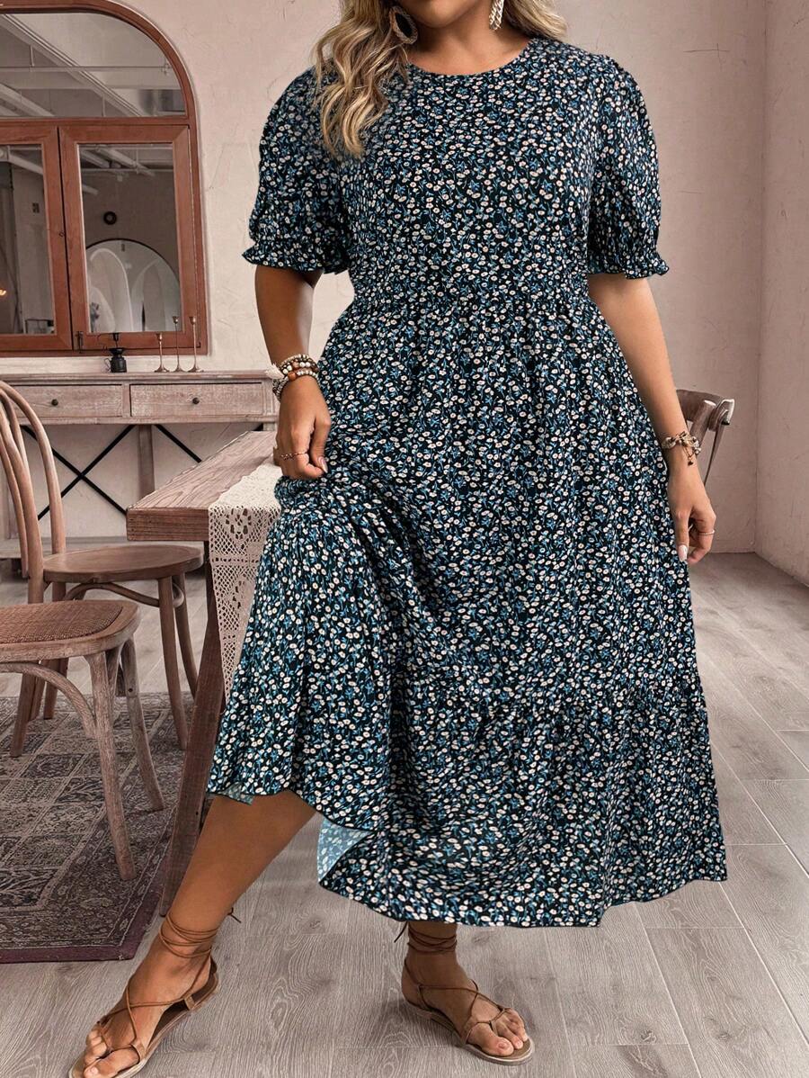 SHEIN VCAY Plus Size Casual Ditsy Floral Printed Sundress - Multicolor - View 1