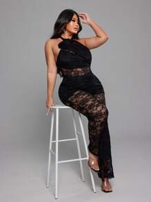 SHEIN LUNE Macacão Plus Size Halter Renda Vazado Floral Elegante Sexy - Preto - Ver 3
