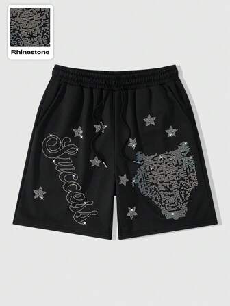 Street Life Short homme ample avec cordon de serrage, décoré de lettres et d'un lion avec des strass brillants