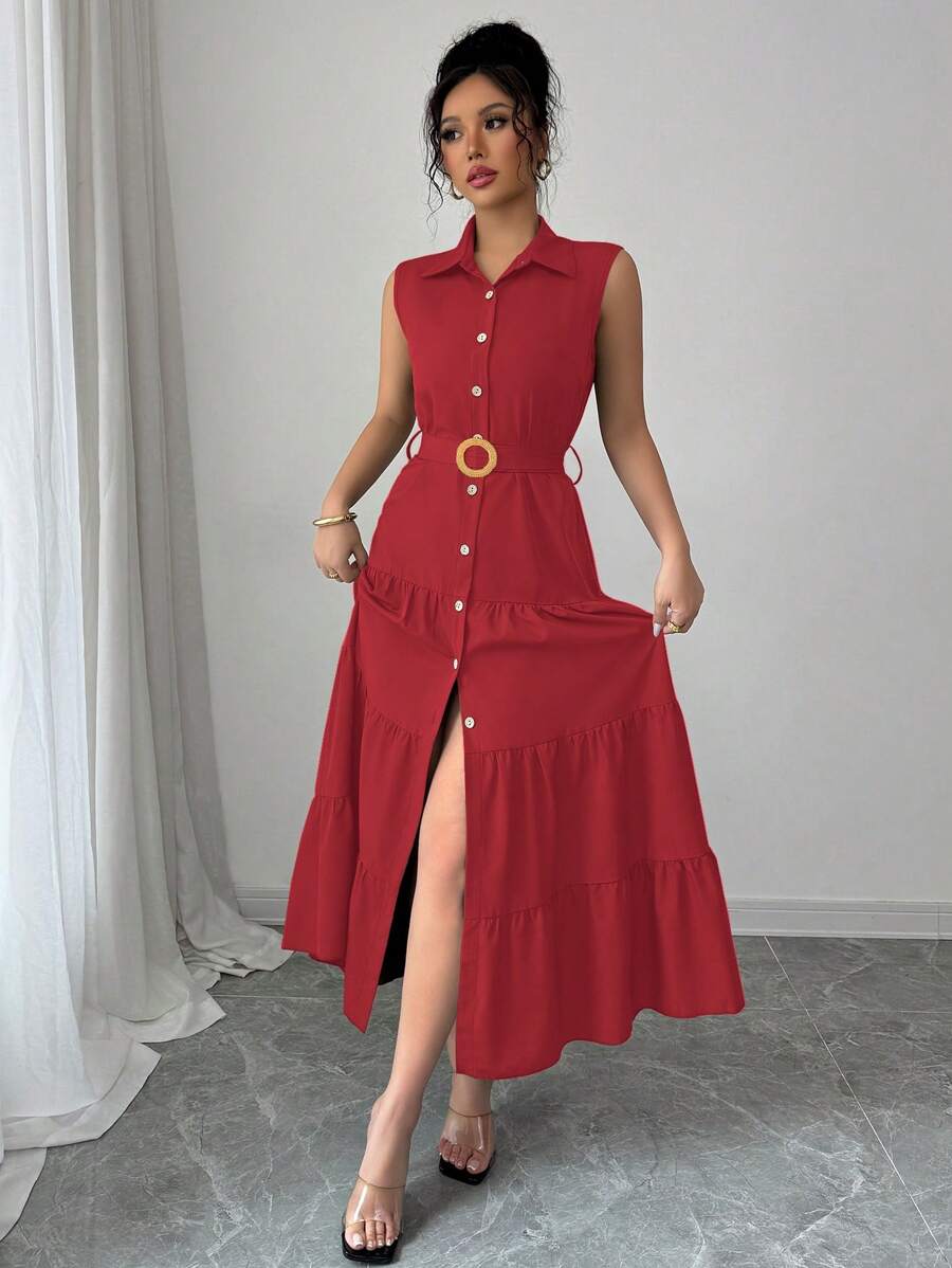 Elenzga Women's Casual Solid Color Button Front Long Dress - Red - View 1