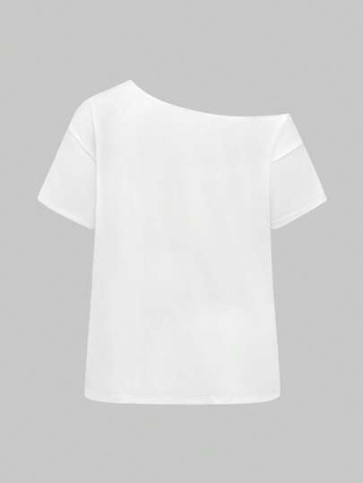 Grunge Punk Camiseta básica blanca de hombro asimétrico, estilo vintage, uso en la calle en verano, tallas grandes