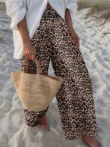 SHEIN VCAY بنطلون نسائي غير رسمي ذو ساقين واسعتين بطبعة نمر ،مناسب للعطلات الصيفية - متعدد الألوان - مشاهدة 6