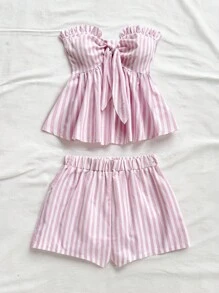 Soleia 2pcs/Set Women Striped Floral Ruffle Twist Sleeveless Crop Top And Casual Shorts Summer Beach Vacation Set, Party & Beach