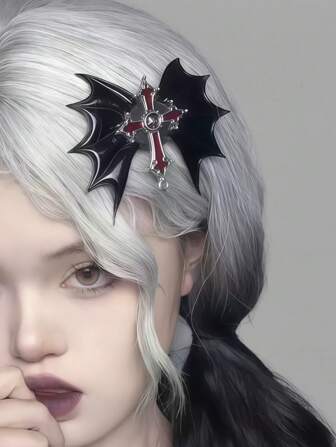 Goth Fermaglio per capelli alla moda con forme a pipistrello e croce, tono scuro