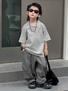 Dazy Kids Kids Fall 2-Piece Outfit - Collared Short Sleeve Thin Sweater & Pants Set, Summer - Grey - View 2