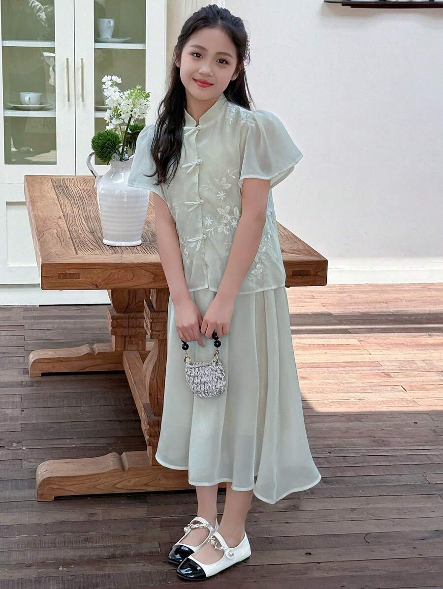 DAZY 2 件套青少年女童中式立领荷叶边短袖上衣和迷你裙套装，夏季，返校服装 - 綠色 - 查看 1