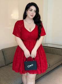 Vibekara Vestido elegante de mujer talla grande con cuello en V y bajo de hoja de loto en jacquard, atuendo para Año Nuevo, vacaciones y playa