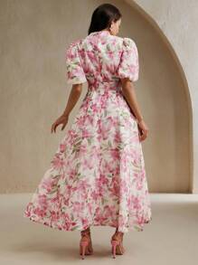 Anewsta Váy nghỉ mát mùa hè thanh lịch họa tiết hoa dành cho nữ với đá trang trí, cổ đứng, tay bồng, hàng nút đá thủ công một hàng, ruy băng buộc, thiết kế thắt nơ eo, dài đến đầu gối - Hồng - Xem 2