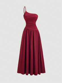 SHEIN Tall Minimalist One Shoulder Pleated High Waist Slimming Long Dress For Tall Women, Spring/Summer - Burgundy - View 1