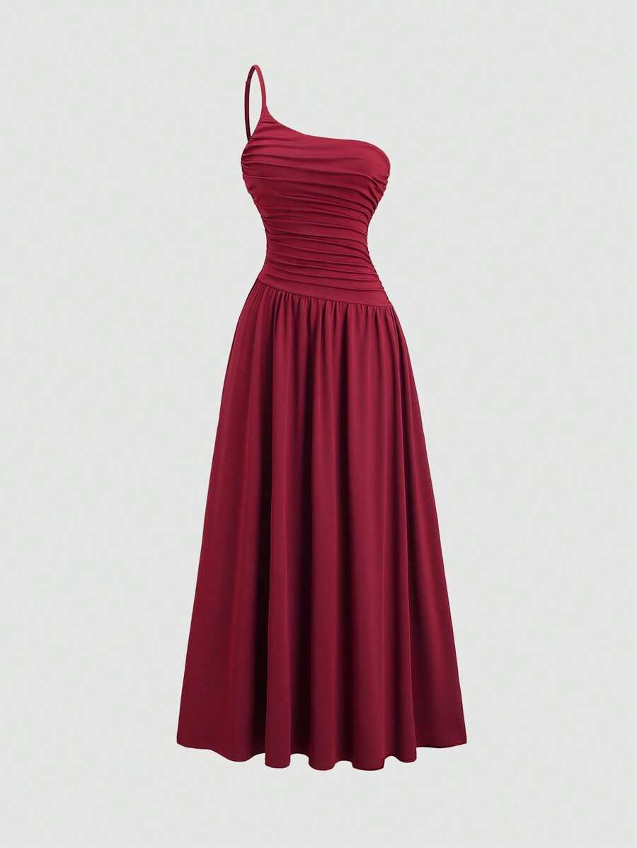 SHEIN Tall Minimalist One Shoulder Pleated High Waist Slimming Long Dress For Tall Women, Spring/Summer - Burgundy - View 1