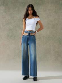 LYSMO Women's High Waisted Open-Hole Design Pocket Straight Leg Jeans, Going Out - Blue - View 3