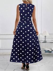 SHEIN Clasi Women's Floral Print Round Neck Bowknot Waist Pocket Loose Casual Polka Dot Maxi Dress, Summer Clothing - Navy Blue - View 2