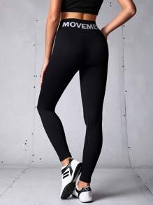 SHEIN Sports Women's Letter Print High Waist Casual Sports Leggings, Back To School Outfits, Graduation, Back To School, Solid Elastic High Waist Leggings, Gym, Workout,  Leggings For Daily Wear , Active, Workout, Gym, Padel, Tennis, Pickleball - Black - View 7
