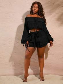 SHEIN SXY Quần short Cargo màu trơn thường ngày cỡ lớn dành cho nữ, Quần short Cargo màu đen mùa hè dành cho nữ - màu đen - Xem 13