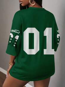 Slaydiva Casual Minimalist Letter & Number Graphic T-Shirt For Women, Summer Green - Green - View 2