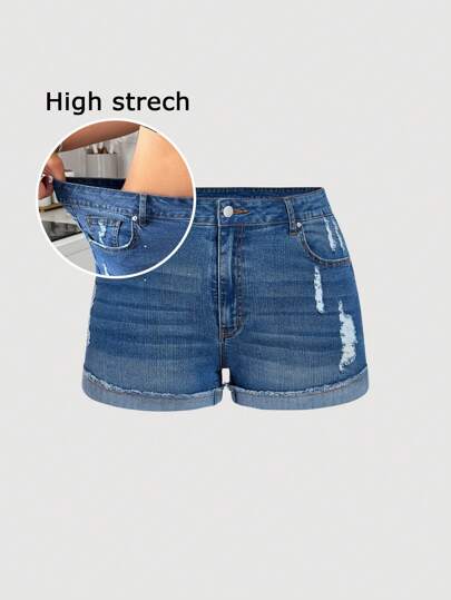 SHEIN MOD 大码女式做旧磨边口袋紧身牛仔短裤