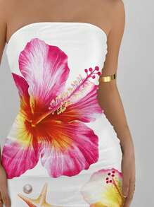 Aloruh 女式露肩紧身休闲夏季连衣裙，带有芙蓉海星印花，夏威夷花卉图案，适合度假、音乐节 - 彩色 - 查看 5