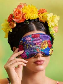 Frida Kahlo X SHEIN 1 pieza Antifaz para los ojos con estampado floral, hecho de tela de satén suave con alta opacidad, diseño lujoso y de moda