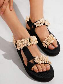 Solezae Ladies Flat Sandals With Seashell Straps Mother's Day Present - Black - View 2