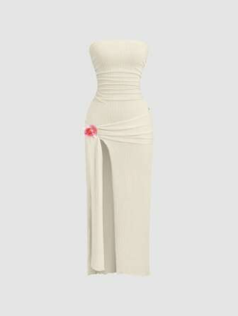 Sweetra Damen plissiertes körperbetontes elegantes Maxikleid mit Wickelfront und Schlitz