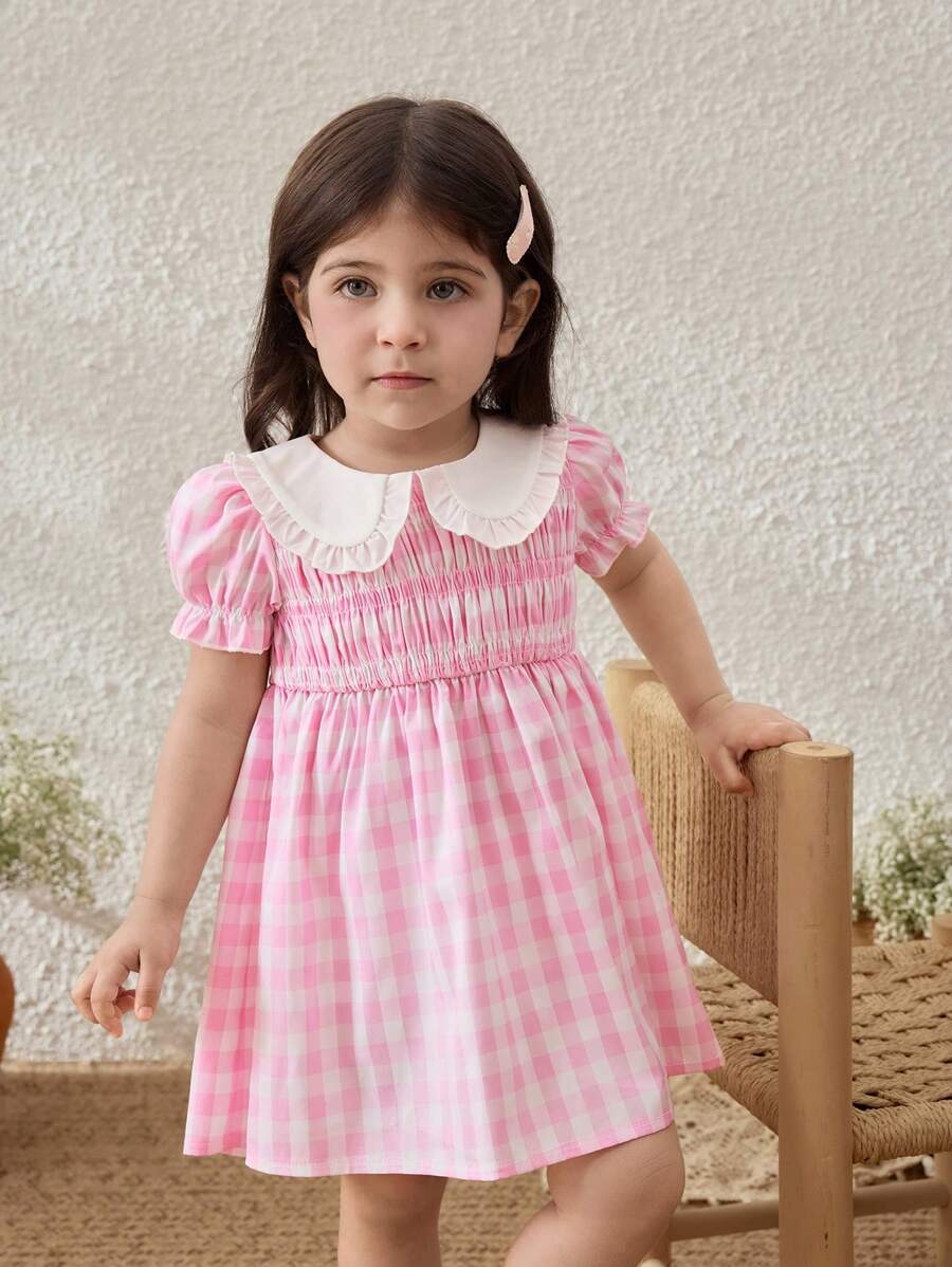 Blossori Baby Girls Countryside Style Pink Plaid Patchwork Collar Puff Sleeve Dress