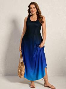 Comfylo Vestido de tirantes casual de mujer talla grande con cuello redondo y degradado de color, vestido de invitada de boda, vestido de playa de verano, conjunto de primavera para mujer, vestido de verano, atuendo de vacaciones, vestido casual de mujer
