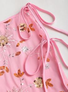Elamini 夏季時尚亮片刺繡開衩蝴蝶結腰裙 - 粉色 - 查看 5