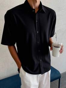 SHEIN Teen Boys Casual Short Sleeve Shirts, Sports Streetwear Punk Rock College, Suitable For Daily Outing, Party, Music Festival, Spring/Summer - Black - View 1