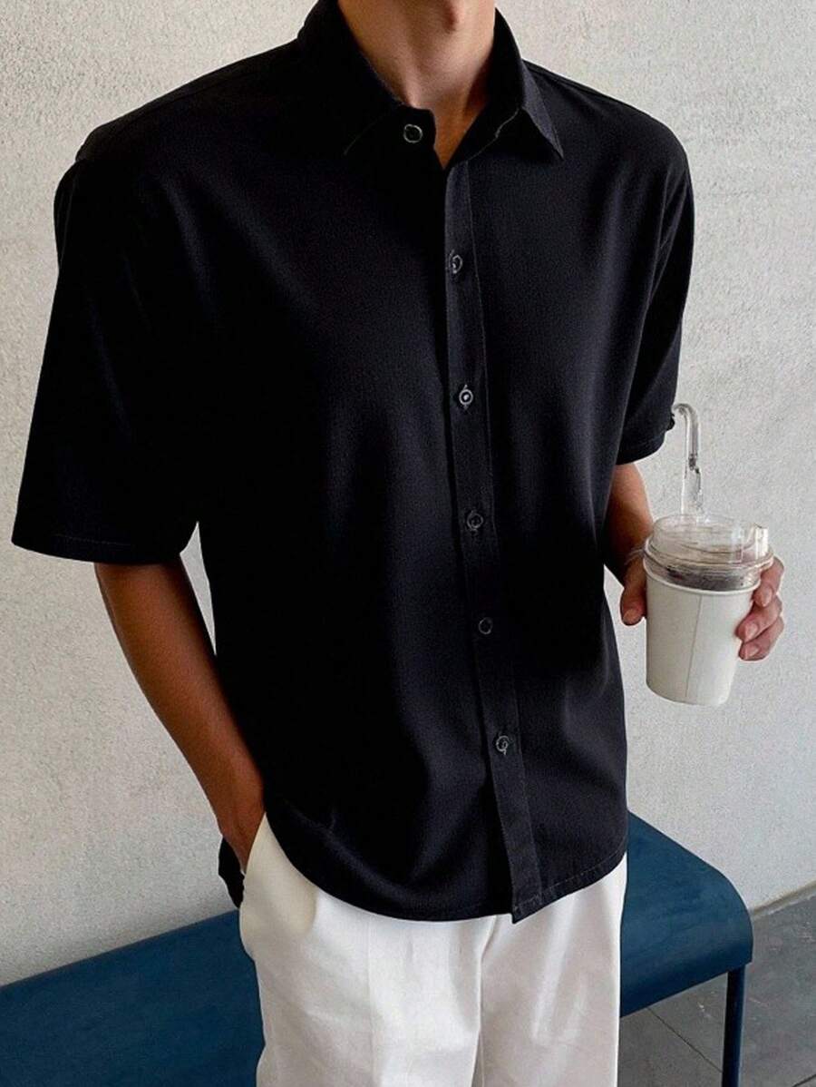 SHEIN Teen Boys Casual Short Sleeve Shirts, Sports Streetwear Punk Rock College, Suitable For Daily Outing, Party, Music Festival, Spring/Summer - Black - View 1