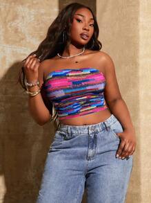 SHEIN SXY Plus Size Women's Spring/Summer Casual Vacation Faux Fur Pattern Print Fitted Tube Top, Suitable For Everyday Wear, Music Festival, Concert Tube Tops Women Summer Tube Top Printed Tube Top - Multicolor - View 7