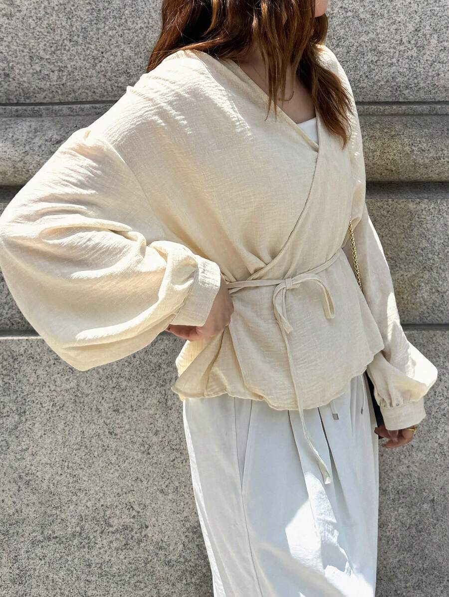 FRIFUL 女式夏季系带褶饰休闲衬衫上衣，适合商务和休闲长袖上衣 - 黃色 - 查看 1