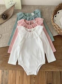 SHEIN 3件套女婴可爱休闲纯色针织荷叶边长袖连体衣