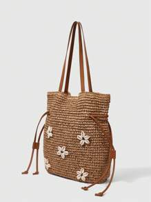 ROMWE Fairycore 1pc Khaki Woven Raffia Tote Bag And Accessories, Fashionable Personalized Beach Resort Style Ladies Handbag