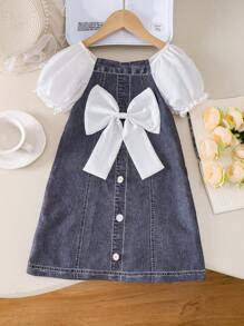 SHEIN Genkimix Kids Girls Elegant Bowknot Decor Minidress, White & Blue Summer Casual Vacation Beach Sundress