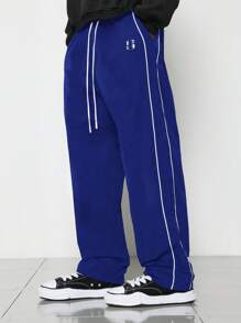 SUMWON 尼龙运动裤复古风格阔腿侧条纹抽绳休闲街头风春秋季裤子 - 藏蓝色 - 查看 3