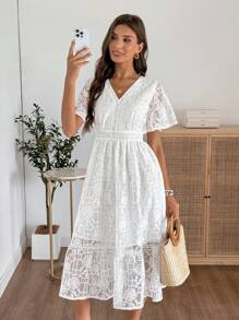 EMERY ROSE 女士优雅纯色蕾丝中长连衣裙，夏季女士连衣裙白色连衣裙外出服装女士生日连衣裙女士优雅连衣裙 - 白色 - 查看 6