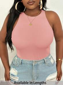 SHEIN PETITE CURVE 大码休闲基本款修身白色圆领露肩背心 - 粉色 - 查看 7