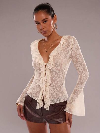 SHEIN BAE 夏季纯色杏色性感浪漫荷叶边长袖不对称系带女士长袖女式上衣、度假旅行上衣、情人节衬衫、日常通勤公主生日波西米亚风上衣、俱乐部