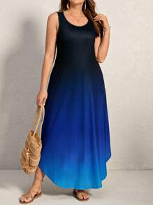 Comfylo Vestido de tirantes casual de mujer talla grande con cuello redondo y degradado de color, vestido de invitada de boda, vestido de playa de verano, conjunto de primavera para mujer, vestido de verano, atuendo de vacaciones, vestido casual de mujer