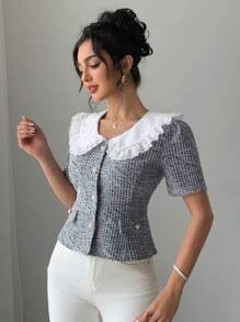 DAZY 女式蕾丝领短袖修身衬衫，夏季 - 黑與白 - 查看 4