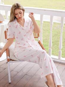 Softscene Pink Plaid & Bow Print Lapel Loose Short Sleeve Pajama Set For Women - Pink - View 2