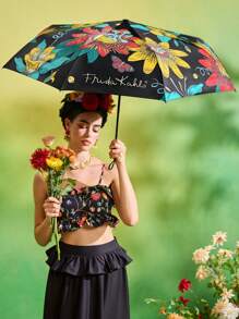 Frida Kahlo X SHEIN 1 pieza Paraguas con estampado floral de artista, con recubrimiento adhesivo negro antisolarde talla grande de 50 de protección UV, apto para la escuela, el trabajo, salir y uso diario, diseñado para estudiantes universitarios, estudiantes de secundaria y mujeres, floral, artístico, elegante