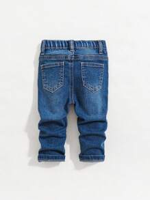 SHEIN Pantalones vaqueros negros de denim suaves, casuales y con rotos en forma de bigotes de gato, de gran elasticidad, para bebés niños, casual y versátil para ropa de otoño/invierno interior/exterior - Azul lavado oscuro - Ver 2