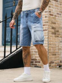 Manfinity LEGND 男士休闲水洗工装牛仔短裤男士短裤 - 藍色 - 查看 5